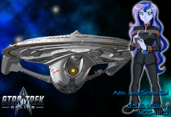 Size: 1280x875 | Tagged: safe, artist:captricosakara, princess luna, vice principal luna, equestria girls, admiral, belt, clothes, commission, crossover, science fiction, solo, sovereign class, space, spaceship, star trek, star trek online, starfleet, tablet, uniform