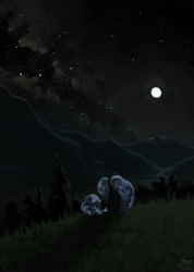 Size: 1280x1795 | Tagged: safe, artist:redruin01, princess luna, alicorn, pony, dark, ethereal mane, forest, galaxy, grass, moon, mountain, night, scenery, sitting, solo, stars