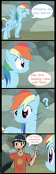 Size: 1952x6032 | Tagged: safe, rainbow dash, human, may the best pet win, 127 hours, aron ralston, calling, comic, head turn, imminent grimdark, implied self harm, knife, question mark