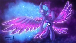 Size: 2880x1620 | Tagged: safe, artist:shad0w-galaxy, princess luna, alicorn, pony, beautiful, ethereal mane, eyes closed, female, galaxy mane, goddess, majestic, mare, solo, sparkly wings