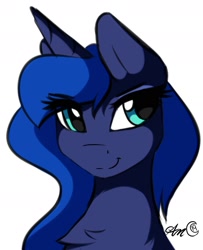 Size: 1608x1983 | Tagged: safe, artist:arjinmoon, princess luna, alicorn, pony, bust, cute, lunabetes, portrait, simple background, smiling, solo