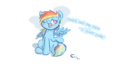 Size: 1280x805 | Tagged: dead source, safe, artist:xcopyen002, rainbow dash, pegasus, pony, dialogue, female, solo, text