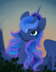 Size: 2322x3000 | Tagged: safe, artist:livitoza, princess luna, alicorn, pony, bust, ethereal mane, female, hair over one eye, mare, portrait, signature, smiling, solo, spread wings, starry mane, wings