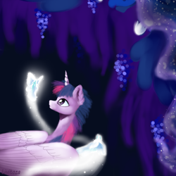 Size: 700x700 | Tagged: safe, artist:livitoza, dusk shine, princess luna, twilight sparkle, alicorn, pony, abstract background, duo, ethereal mane, female, magic, male, mare, rule 63, stallion, starry mane