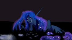 Size: 4128x2322 | Tagged: safe, artist:livitoza, princess luna, alicorn, pony, abstract background, crying, ethereal mane, eyes closed, female, floppy ears, mare, missing accessory, open mouth, shadow, solo, starry mane, surreal