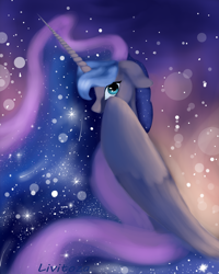 Size: 2322x2900 | Tagged: safe, artist:livitoza, princess luna, alicorn, pony, covering, ethereal mane, eye reflection, female, floppy ears, galaxy mane, looking at you, mare, missing accessory, reflection, shooting star, smiling, solo, starry mane, wing covering