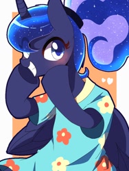 Size: 768x1024 | Tagged: safe, artist:erufi, princess luna, alicorn, pony, between dark and dawn, blushing, clothes, female, grin, looking at you, mare, shirt, smiling, solo