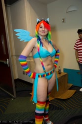 Size: 1365x2048 | Tagged: safe, artist:salaciouseos, rainbow dash, human, belly button, bikini, clothes, cosplay, irl, irl human, megacon, photo, rainbow socks, socks, solo, striped socks, swimsuit