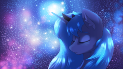 Size: 3556x2000 | Tagged: safe, artist:chebypattern, princess luna, alicorn, pony, blue, eyes closed, night, night sky, princess, sky, smiling, solo, space, stars, the cosmos