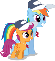Size: 495x550 | Tagged: safe, artist:masem, rainbow dash, scootaloo, pegasus, pony, baseball cap, cap, coach, grin, hat, rainbow dashs coaching whistle, simple background, sisters, smiling, sports, trainer, training, vector, whistle, white background