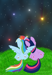 Size: 1024x1479 | Tagged: safe, artist:intet22, rainbow dash, twilight sparkle, pegasus, pony, female, hill, lesbian, night, shipping, stars, twidash