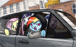 Size: 800x501 | Tagged: safe, artist:king-kakapo, fluttershy, rainbow dash, rarity, twilight sparkle, pegasus, pony, unicorn, car, clothes, golf, hoodie, ponified, volkswagen