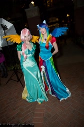 Size: 1365x2048 | Tagged: artist needed, safe, artist:rougeleaderred, fluttershy, rainbow dash, human, 2013, clothes, convention, cosplay, dress, gala dress, irl, irl human, katsucon, photo