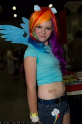 Size: 1365x2048 | Tagged: safe, artist:flirty fillies, rainbow dash, human, belly, belly button, comikaze expo, cosplay, irl, irl human, photo, solo