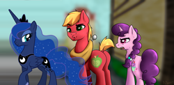 Size: 2000x976 | Tagged: safe, artist:10art1, artist:pantera000, edit, big macintosh, princess luna, sugar belle, alicorn, earth pony, pony, unicorn, distracted boyfriend meme, female, implied sugarmac, lunamac, male, shipping, straight