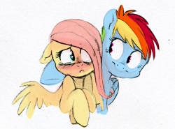 Size: 1279x946 | Tagged: safe, artist:psychoon, fluttershy, rainbow dash, pegasus, pony, blushing, crying, cute, shyabetes