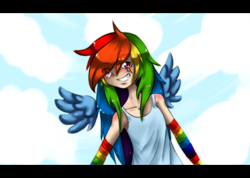 Size: 800x570 | Tagged: safe, artist:leimy, rainbow dash, human, female, humanized, smiling, solo, winged humanization