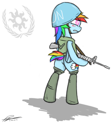 Size: 1280x1415 | Tagged: artist needed, safe, rainbow dash, pegasus, pony, ask islamashy, bipedal, boots, female, gun, helmet, m16, mare, military, rifle, shoes, signature, simple background, solo, united nations, weapon, white background