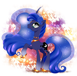 Size: 1180x1162 | Tagged: safe, artist:tiffanymarsou, princess luna, alicorn, pony, abstract background, curved horn, ethereal mane, female, hoof shoes, horn, mare, raised hoof, solo, starry mane