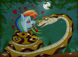 Size: 1024x747 | Tagged: safe, artist:crafty-cobra, rainbow dash, pegasus, pony, snake, coils, heart, heart eyes, hypno dash, hypnosis, imminent vore, savio, the penguins of madagascar, wingding eyes