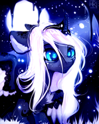 Size: 865x1080 | Tagged: safe, artist:anagira, edit, princess luna, alicorn, pony, better source needed, cave, cropped, curved horn, female, floppy ears, gift art, horn, horn jewelry, i can't believe it's not magnaluna, jewelry, mare, moon, redesign, solo, speedpaint available, stalactite, style emulation, tiara