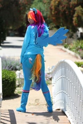 Size: 1067x1600 | Tagged: safe, artist:thesixthleafclover, rainbow dash, human, boots, cosplay, ears, irl, irl human, photo, solo, tail, wings