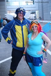 Size: 2304x3456 | Tagged: artist needed, safe, artist:project reroll, rainbow dash, soarin', human, cosplay, goggles, irl, irl human, pax east, penny arcade expo, photo, wristband