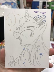 Size: 1536x2048 | Tagged: safe, artist:andypriceart, princess luna, alicorn, pony, crescent moon, crown, eyes closed, female, jewelry, mare, moon, open mouth, pencil drawing, regalia, smiling, solo, traditional art