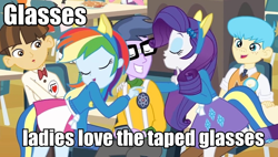 Size: 960x545 | Tagged: safe, microchips, nolan north, rainbow dash, rarity, wiz kid, equestria girls, background human, caption, glasses