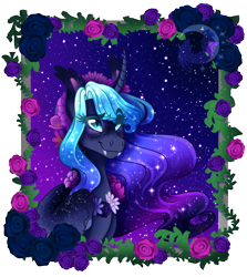 Size: 2740x3072 | Tagged: safe, artist:djspark3, princess luna, alicorn, pony, curved horn, fangs, female, flower, horn, mare, smiling, solo