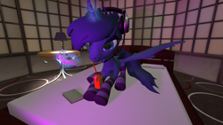 Size: 3840x2160 | Tagged: safe, artist:ev3lyn, princess luna, alicorn, pony, 3d, clothes, female, gamer luna, juice, juice box, magic, mare, socks, solo, source filmmaker, striped socks, xbox