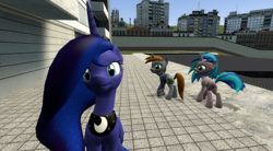 Size: 1750x965 | Tagged: safe, princess luna, oc, oc:homage, oc:littlepip, alicorn, pony, unicorn, fallout equestria, 3d, clothes, distracted boyfriend meme, fanfic, fanfic art, female, hooves, horn, jealous, jewelry, lesbian, mare, open mouth, pipbuck, ponified meme, regalia, tiara, vault suit