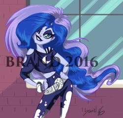 Size: 740x707 | Tagged: safe, artist:bevin brand, princess luna, vice principal luna, equestria girls, belt, cropped, female, lipstick, obtrusive watermark, official fan art, watermark, younger