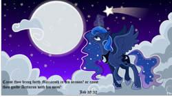 Size: 2015x1146 | Tagged: safe, artist:kitsumiro, princess luna, alicorn, pony, absurd resolution, bible verse, book of job, magic, moon, moon work, moonrise, night, religion, solo, text