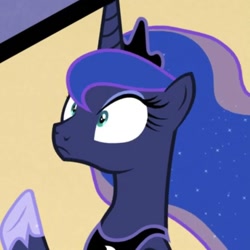 Size: 554x554 | Tagged: safe, screencap, princess luna, alicorn, pony, between dark and dawn, cropped, female, i have several questions, indignant, mare, raised hoof, reaction image, unpleasantly surprised, wide eyes