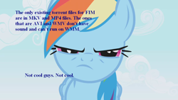 Size: 1280x720 | Tagged: safe, rainbow dash, pegasus, pony, angry, bootleg, solo, text, windows movie maker, wmm