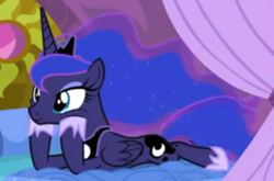 Size: 552x365 | Tagged: safe, screencap, princess luna, alicorn, pony, between dark and dawn, bed, cute, ethereal mane, hoof shoes, hooves on cheeks, lunabetes, lying down, prone, starry mane