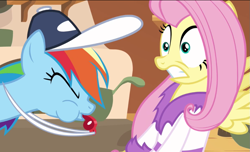Size: 949x577 | Tagged: safe, screencap, fluttershy, rainbow dash, pegasus, pony, hurricane fluttershy, baseball cap, bathrobe, blowing, blowing whistle, cap, clothes, hat, puffy cheeks, rainbow dashs coaching whistle, robe, scared, shocked, whistle