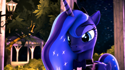 Size: 3840x2160 | Tagged: safe, artist:apexpredator923, princess luna, alicorn, pony, 3d, clothes, night, solo, source filmmaker, stars, tree, tuxedo