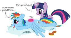 Size: 2116x1151 | Tagged: safe, artist:jp, rainbow dash, twilight sparkle, pegasus, pony, brush, brushie, curry comb, drool, female, grooming, horses doing horse things, lesbian, magic, massage, open mouth, pillow, scratching, shipping, shivering, smiling, spread wings, talking, tongue out, twidash