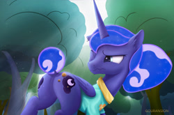 Size: 4332x2855 | Tagged: safe, artist:foxpit, princess luna, alicorn, pony, between dark and dawn, burrs, butt, clothes, crepuscular rays, cute, female, literal butthurt, mare, plot, solo, stingbush seed pods, tree