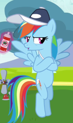 Size: 234x395 | Tagged: safe, rainbow dash, pegasus, pony, cap, crossed hooves, floating can, flying, glare, hat, open mouth, solo, spread wings, unamused, whistle