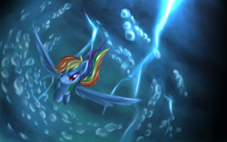 Size: 2256x1404 | Tagged: safe, artist:ardail, rainbow dash, pegasus, pony, flying, glow, lightning, solo, storm