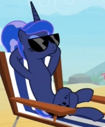 Size: 650x784 | Tagged: safe, screencap, princess luna, alicorn, pony, between dark and dawn, alternate hairstyle, beach chair, cropped, crossed legs, eyes closed, female, hooves behind head, mare, needs more jpeg, reclining, relaxing, sitting, solo, sunbathing luna, sunglasses, we don't normally wear clothes