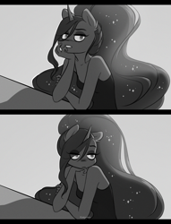 Size: 2126x2776 | Tagged: safe, artist:katputze, princess luna, alicorn, anthro, 2 panel comic, ethereal mane, eye clipping through hair, grayscale, hand on chin, lidded eyes, monochrome, sitting, solo, starry mane, table, wingless, wingless anthro