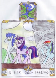 Size: 1024x1425 | Tagged: safe, artist:chatsium, rainbow dash, soarin', twilight sparkle, pegasus, pony, female, heartbreak, male, sad, shipping, soarlight, straight, traditional art, watermark