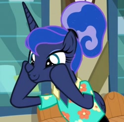 Size: 842x832 | Tagged: safe, screencap, princess luna, alicorn, pony, between dark and dawn, alternate hairstyle, clothes, cropped, cute, hawaiian shirt, hoof on cheek, lunabetes, post office, shirt, solo