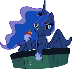 Size: 3000x2895 | Tagged: safe, artist:supermatt314, princess luna, alicorn, pony, luna eclipsed, apple, bucket, crown, cute, eating, ethereal mane, female, food, hoof hold, hoof shoes, jewelry, lunabetes, mare, puffy cheeks, regalia, simple background, solo, spread wings, transparent background, vector, water, wings