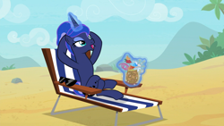 Size: 1920x1080 | Tagged: safe, screencap, princess luna, alicorn, pony, between dark and dawn, alternate hairstyle, barehoof, beach, beach chair, crossed legs, eyeshadow, female, folded wings, glowing horn, hair bun, hooves behind head, horn, levitation, lidded eyes, magic, magic aura, makeup, mare, open mouth, reclining, relaxing, solo, stupid sexy princess luna, sunglasses, telekinesis, we don't normally wear clothes, wingless, wings
