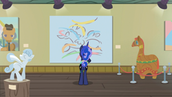 Size: 1920x1080 | Tagged: safe, screencap, igneous rock pie, princess luna, alicorn, pony, between dark and dawn, american gothic, art gallery, craft, female, hair bun, mare, painting, sculpture, solo, tail bun
